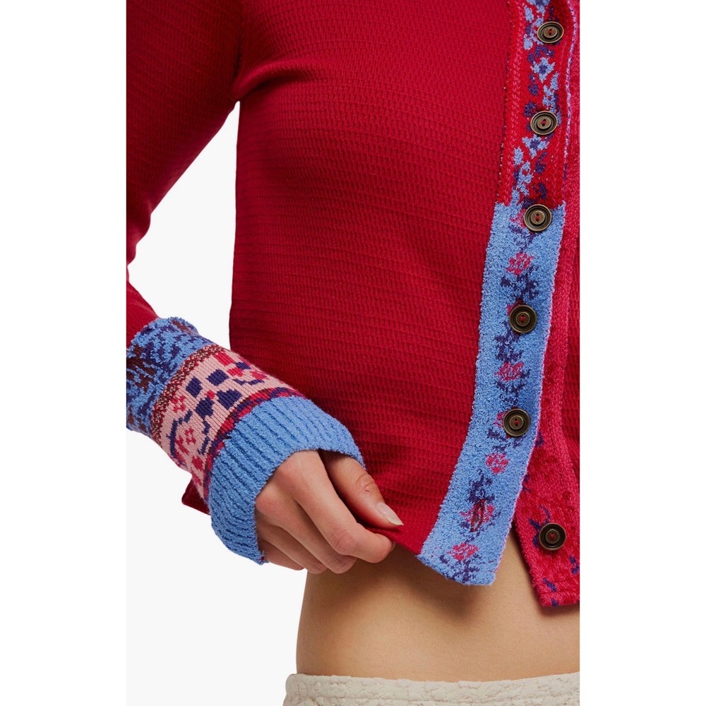 We the Free NOA Cardi Waffle Knit Thermal Cardigan Fair Isle Cuffs Floral NWOT - Picture 4 of 4